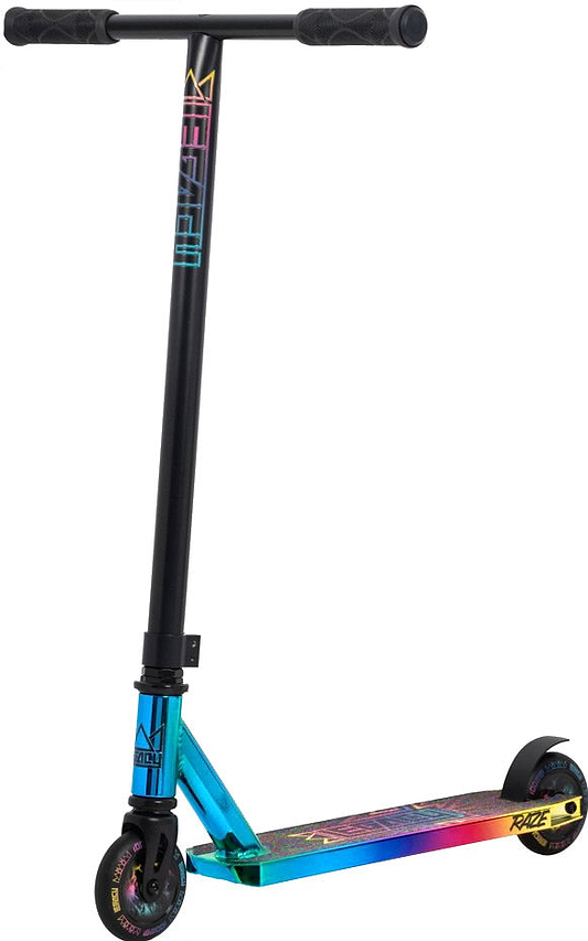 The Legacy Raze Complete Stunt Scooter by Legacy features a black handlebar and an oil slick/neochrome deck with matching wheels, designed for beginners and shown against a white background.