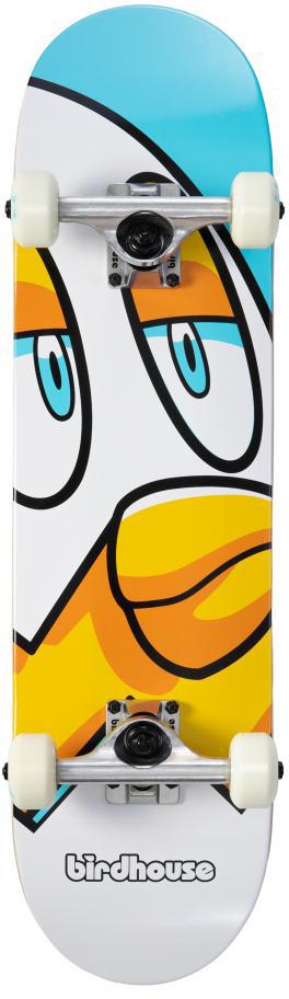 The Birdhouse Stage 1 Chicken Oversized Complete Skateboard (7.375" x 28.5") features a cartoon chicken graphic in blue, yellow, orange, and white. Perfect for kids and beginners, with the Birdhouse brand name near the tail.