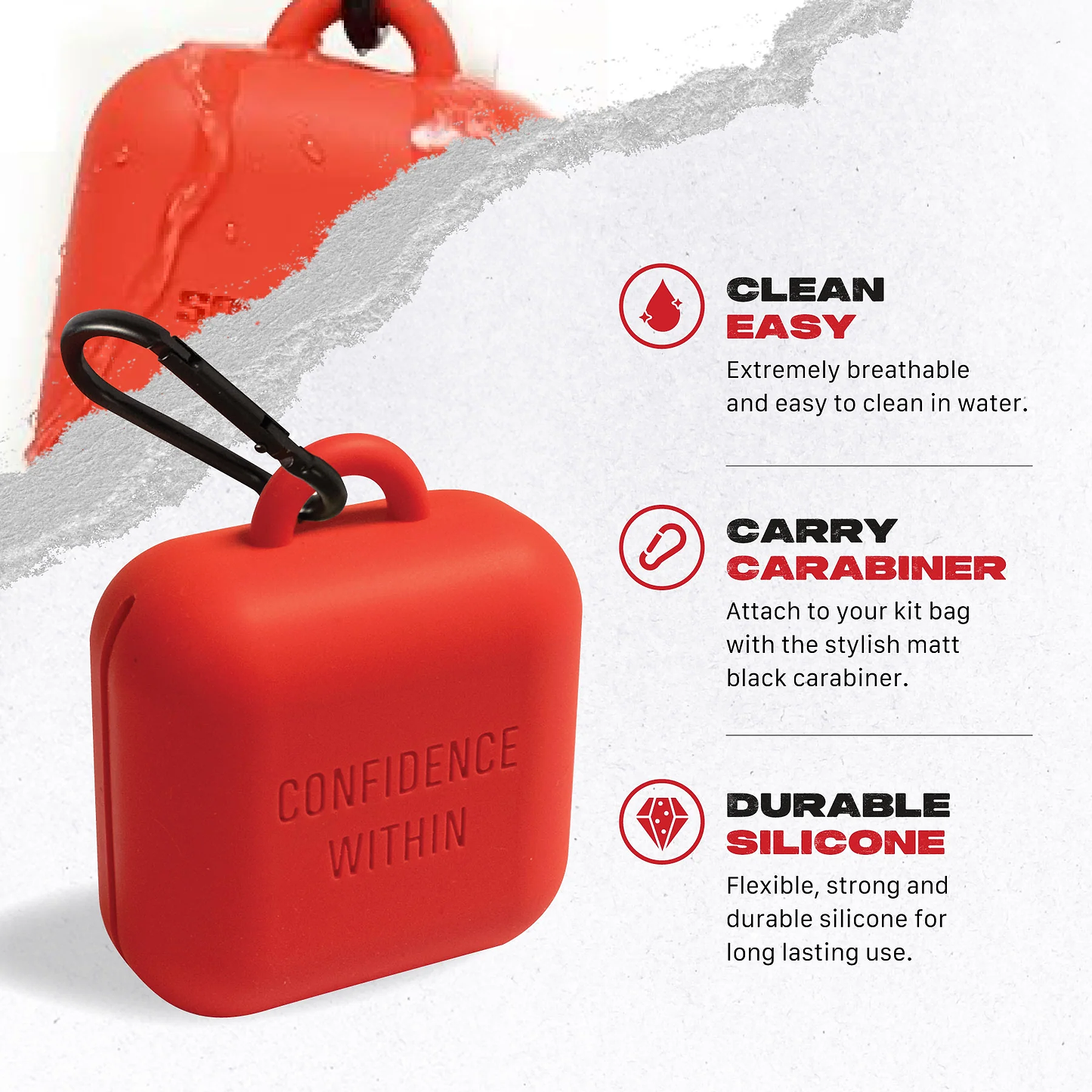 The Safejawz Premium Silicone Mouthguard Case in red features a black attachable carabiner, a breathable design for easy cleaning, and durable silicone. Labeled "CONFIDENCE WITHIN," it's built for long-lasting use. Brand: Safejawz.