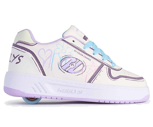 The Heelys Kama Colour Changing Girls Shoes by Heelys feature a white, lilac, and blue design, pastel accents, purple trim, light blue laces, and a visible wheel. With UV colour change effects and fun patterns, they’re perfect kids’ roller shoes.