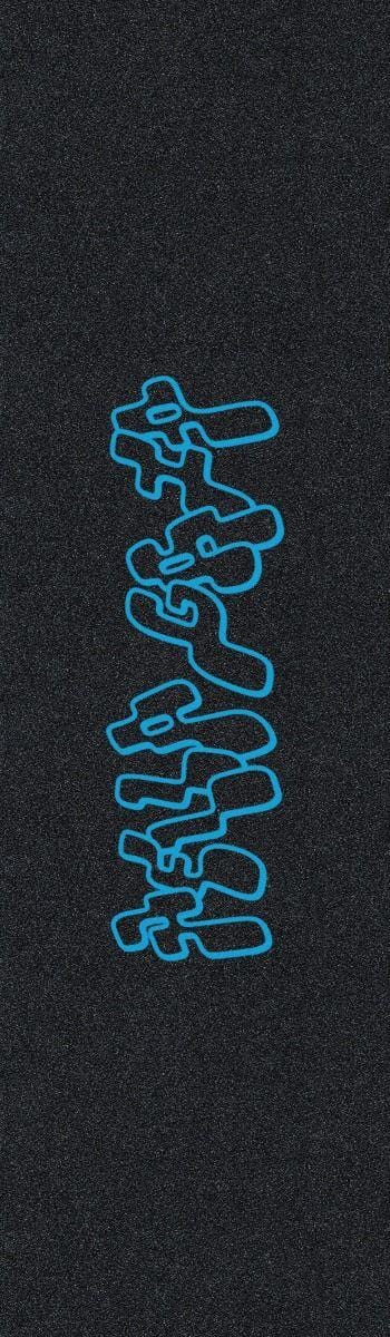 Blue graffiti-style “paradise” text runs vertically on the speckled black Hella Grip Classic Stunt Scooter Griptape - Blue Wobble, giving it a bold, street-inspired look.