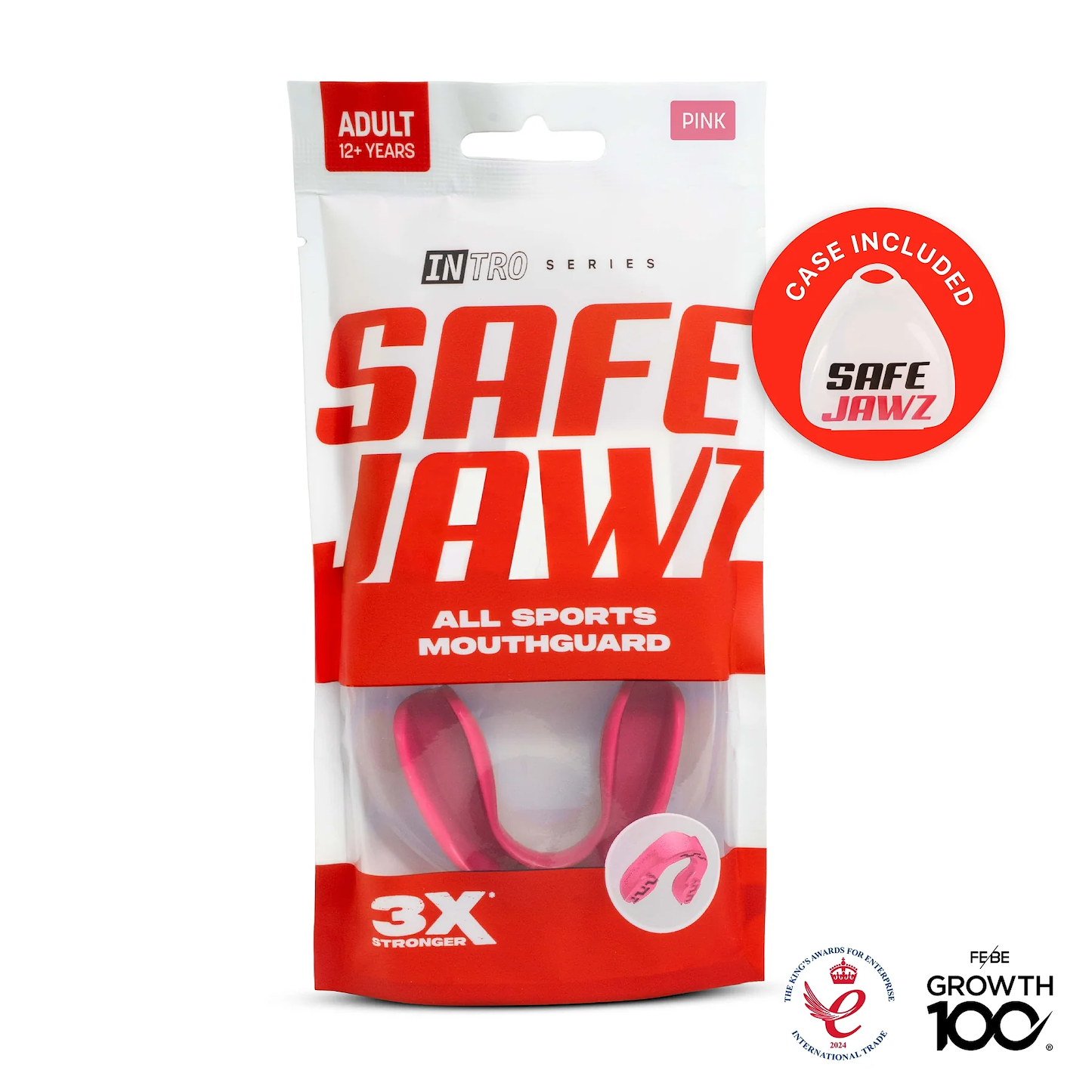 Packaging for the Safejawz Intro Series Protection Mouthguard - Pink (ages 12+) features a clear front showing the mouthguard and case, with "3X Stronger" text, jaw stability highlight, Safejawz logo, and award icons at the bottom right.