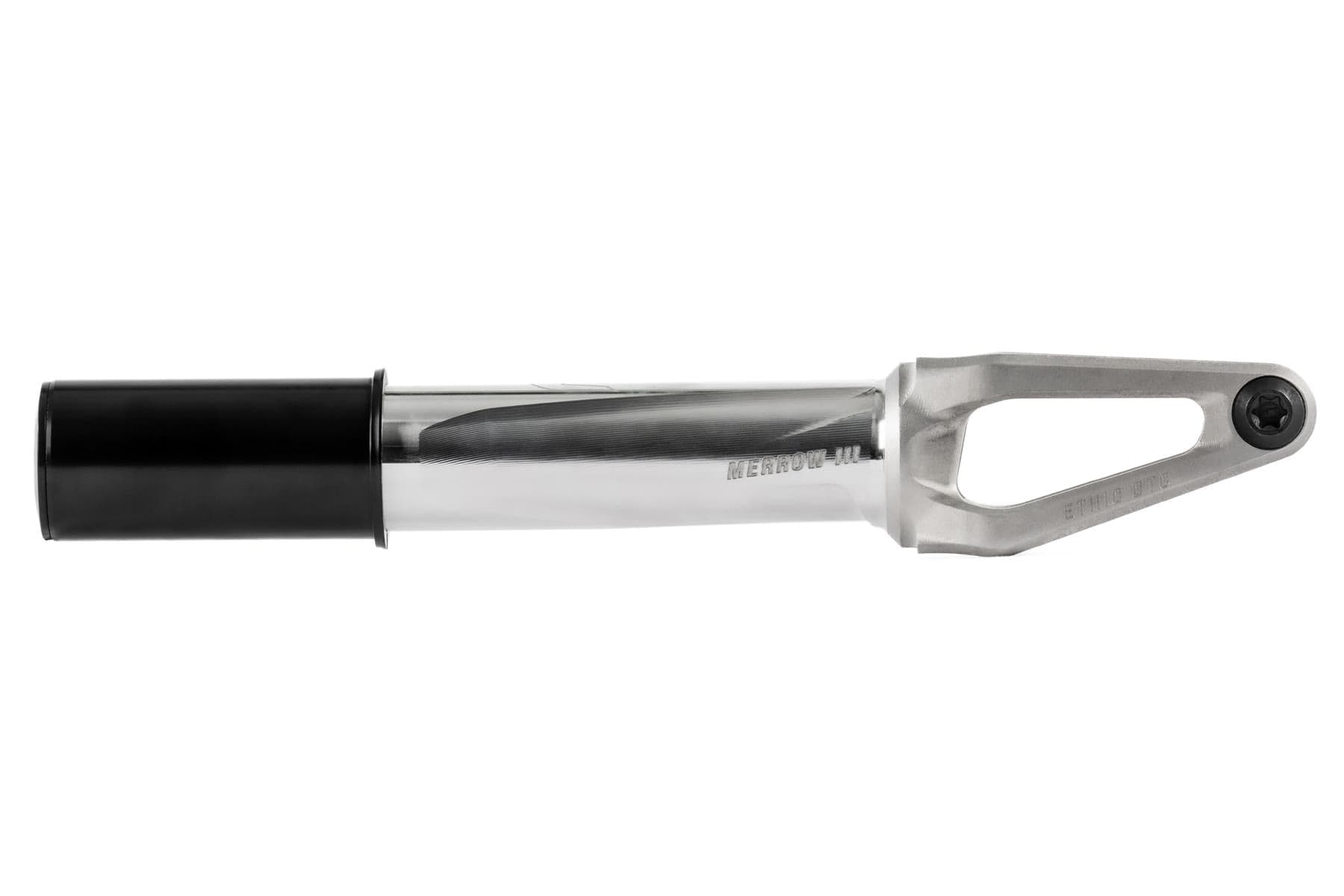The Ethic DTC Merrow V3 HIC Stunt Scooter Fork by Ethic, shown in raw silver with a black cylindrical tube and hex bolt, is made from 7075 aluminium and displayed on a white background—one of the world’s lightest forks.