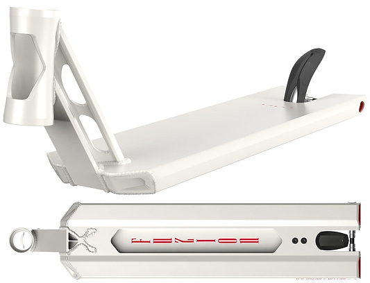 Image of a Fuzion Entropy 2.0 Boxed White Stunt Scooter Deck measuring 5.5" x 22", spotlighting a sleek and modern design with an integrated cup holder on the side. It features bold angular edges, a black rear fender, and the word "VENOM" prominently printed in red beneath it.