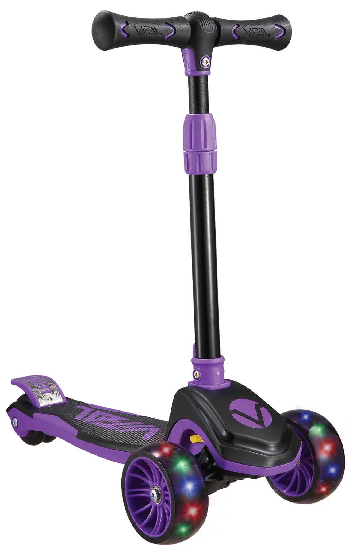 The Vital Tyke 3 Wheel Kids Scooter by Vital in purple features LED-lit front wheels, a T-shaped handlebar, adjustable seat, and wide deck—an ideal first scooter for your child.