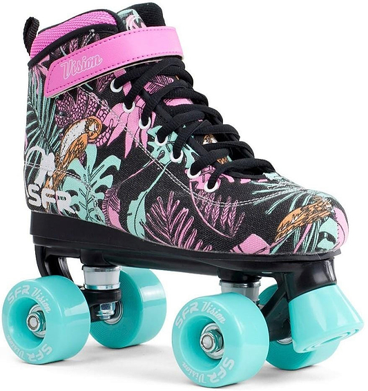 The SFR Vision Canvas Quad Roller Skates - Black / Floral feature a tropical leaf and bird pattern, black laces, a pink strap, turquoise PU wheels, and excellent ankle support. Brand: SFR. Displayed on a white background.