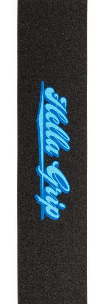 The Hella Grip Classic Stunt Scooter Griptape - Ice Box features bold blue "Hella Grip" script on black, crafted with premium silicone carbide grit for lasting performance.
