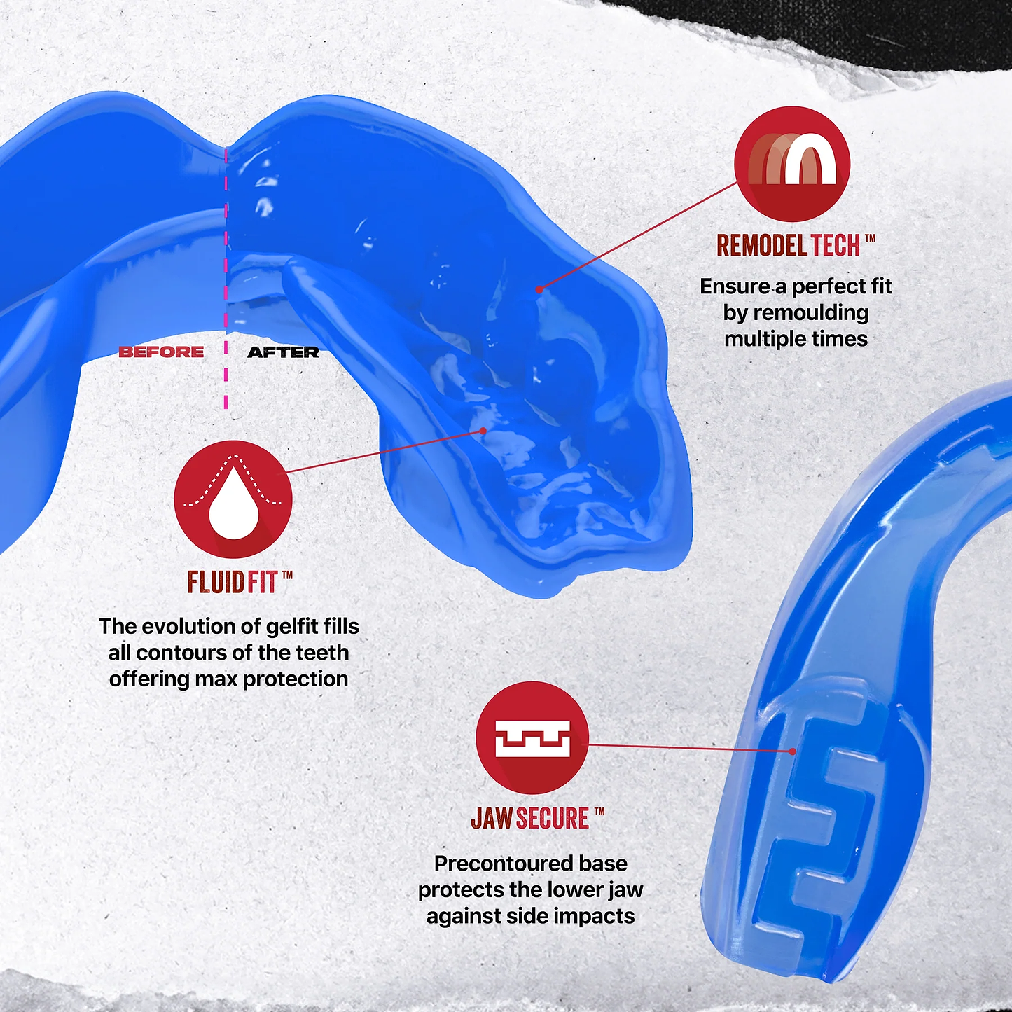 The Safejawz Extro Series Protection Mouthguard - Ice by Safejawz is shown in blue, with labeled features: "Remodel Tech" for multiple remolds, "FluidFit" for contour protection, and "Jaw Secure" for hi-impact defense; shape shown pre- and post-molding.