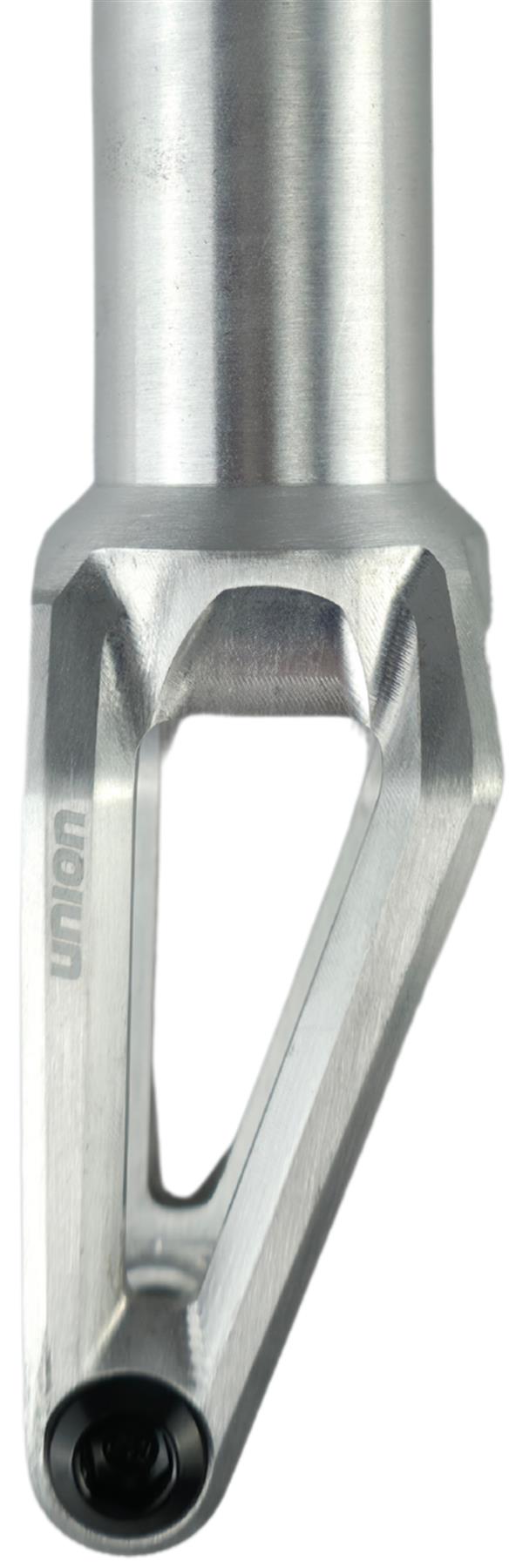 A close-up of the Union Classic Lightweight HIC/SCS Stunt Scooter Fork in polished silver, featuring a cutout design, "union" engraving on the side, and a bottom bolt.