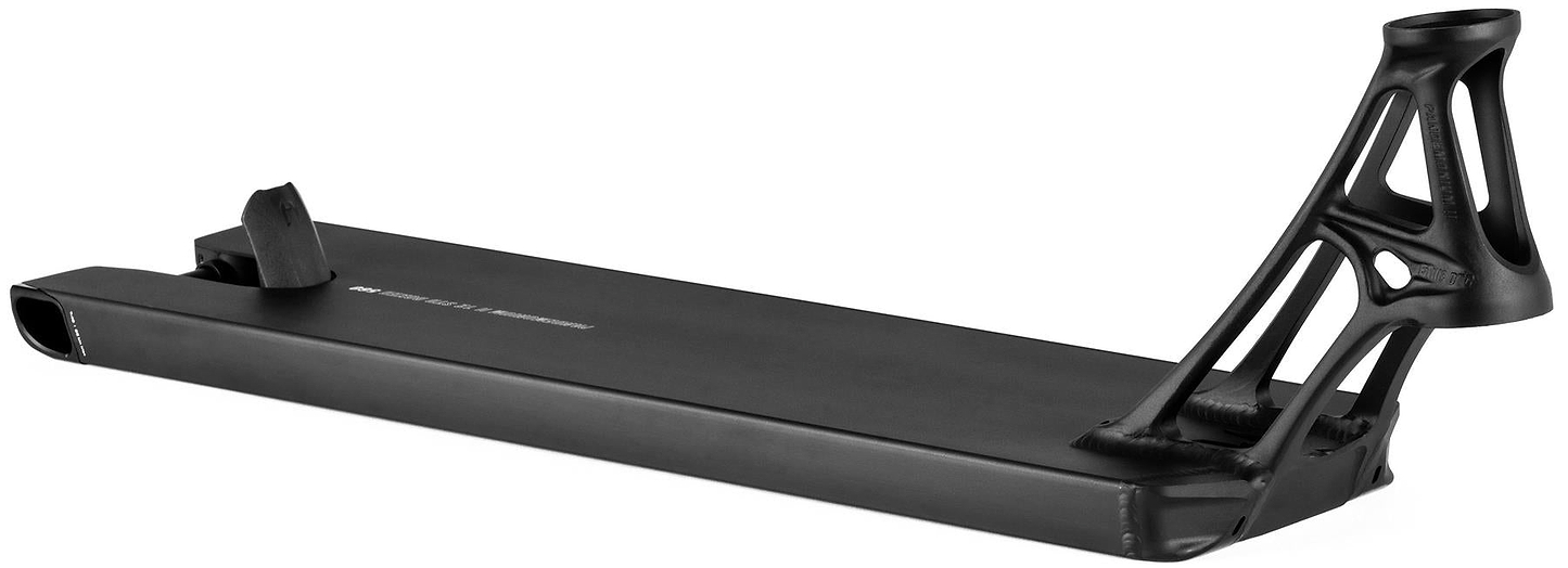 The Ethic Pandemonium V2 Boxed 8/12STD Black Stunt Scooter Deck - 5.9" features a black metal build with an angular, minimalist design and an open, skeletal headtube structure at the front.