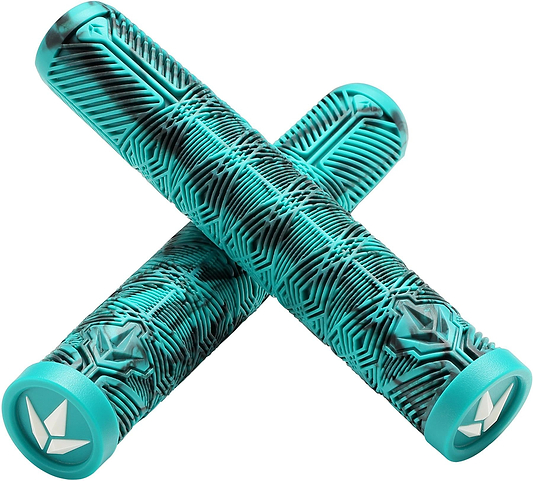 The Blunt Envy V3 Black / Teal Stunt Scooter Grips (160mm) feature a textured geometric pattern and matching end caps with a white logo. The pair is shown crossed over each other on a white background.