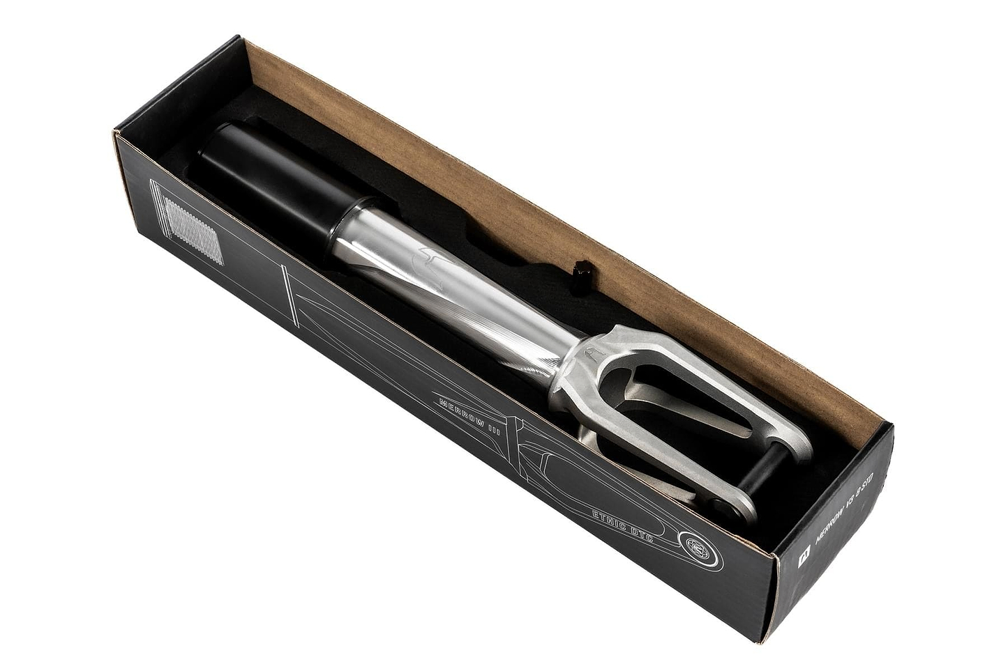 The Ethic DTC Merrow V3 HIC Stunt Scooter Fork in raw silver, crafted from 7075 aluminium, features a black handle and comes in an open black box with technical illustrations. Inspired by the world’s lightest fork by Ethic.