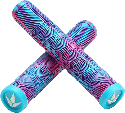 Blunt Envy V3 Pink/Teal/Purple Stunt Scooter Grips (160mm) feature a vibrant geometric pattern, textured surface, and light blue end caps with a white logo—perfect for any scooter handlebar setup.