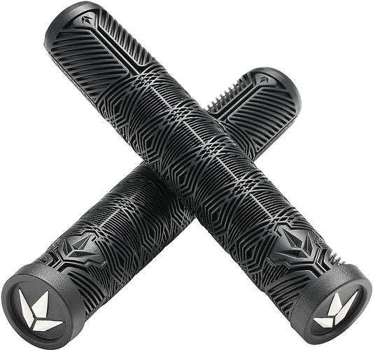 Two black Blunt Envy V3 Black Stunt Scooter Grips (160mm) with textured geometric patterns are crossed in an X. The end caps feature a white angular logo—sleek, stylish grips from Blunt Envy for any stunt scooter.