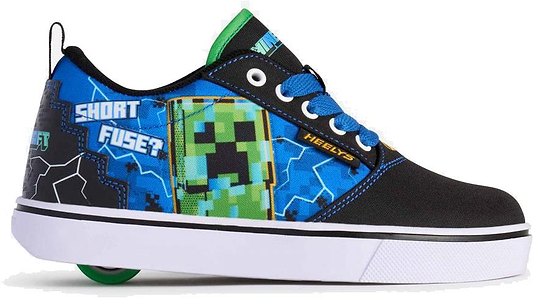 The Heelys x Minecraft Pro 20 Boys Shoes in black, blue, and green feature a pixelated Creeper, "Short Fuse?" text, blue laces, and a wheel in the heel for skating.