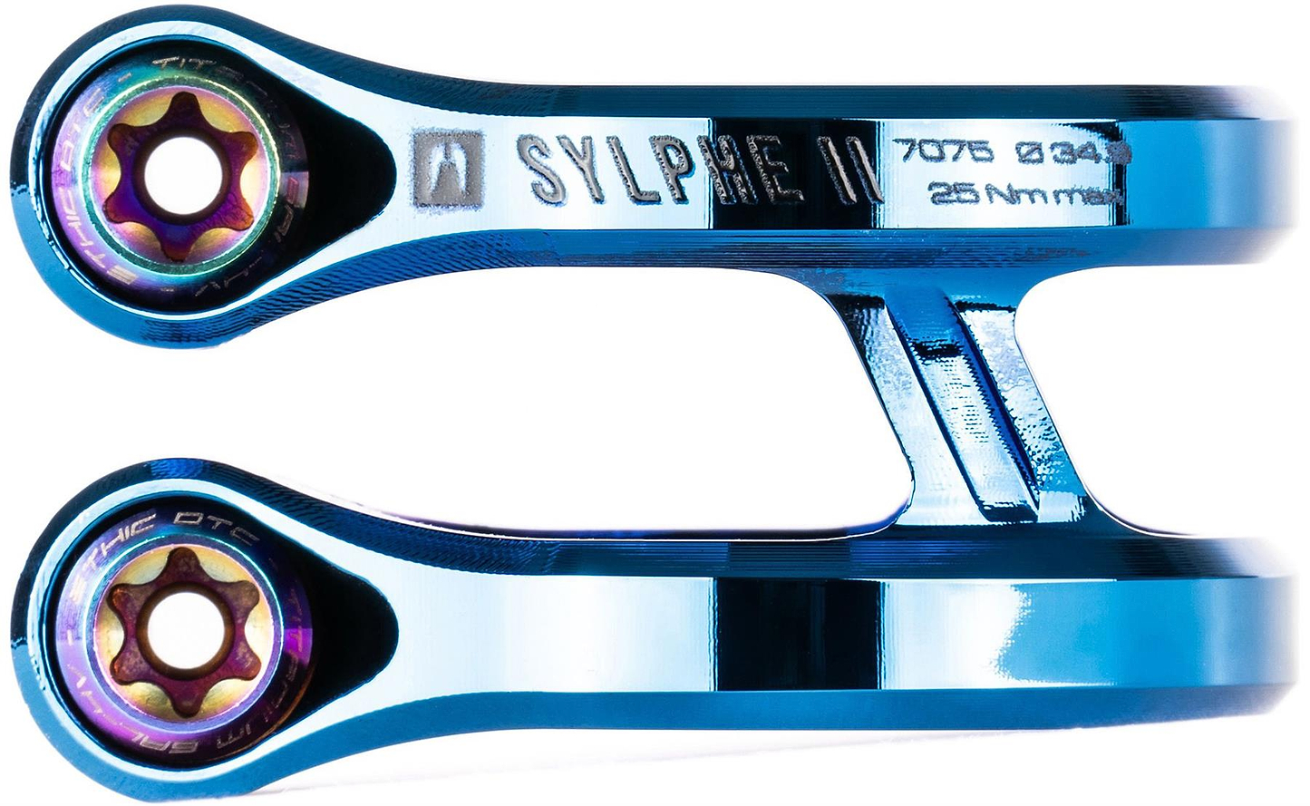 Close-up of the Ethic DTC Sylphe V2 2 Bolt Oversized Stunt Scooter Clamp in Chrome Blue by Ethic, featuring “SYLPHE N,” “7075 034,” and “26Nm max” engravings, two iridescent bolts, and a sleek machined design.