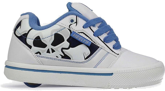 The Heelys Pro 25 V2 Prints Boys Shoes in white/blue feature a skull graphic, blue accents and laces, plus the brand’s signature wheel in the heel—ideal for fans of retro-inspired footwear.