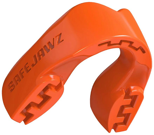 The Safejawz Intro Series Protection Mouthguard in Fluro Orange features a grooved design and open sections for airflow and jaw stability, with "SAFEJAWZ" embossed on the side, ensuring a comfortable fit during intense activity.