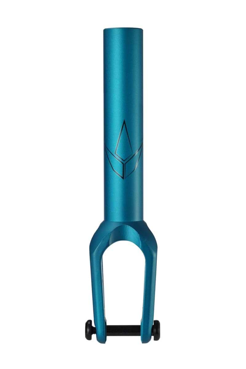 The Blunt Envy SOB V3 SCS/HIC Stunt Scooter Fork in teal features a geometric logo engraved on its cylindrical section, crafted for seamless compatibility with HIC scooter systems. The fork is displayed against a plain white background.