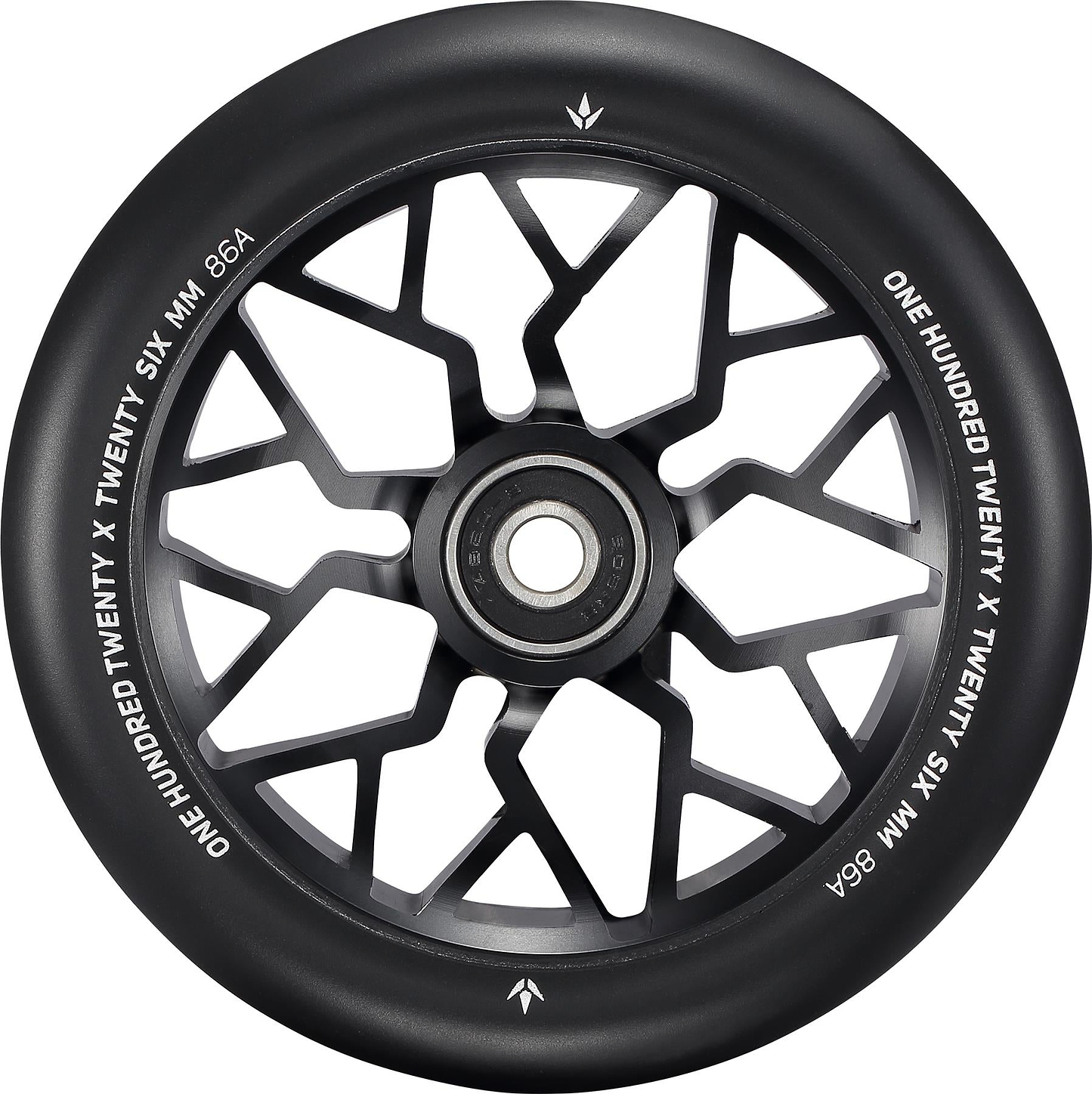 The Blunt Envy Sector 120mm Stunt Scooter Wheel in black features a geometric spoke-like center design and white rim text: "ONE HUNDRED TWENTY X TWENTY SIX MM 86A.
