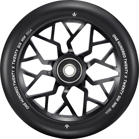 The Blunt Envy Sector 120mm Stunt Scooter Wheel in black features a geometric spoke-like center design and white rim text: "ONE HUNDRED TWENTY X TWENTY SIX MM 86A.