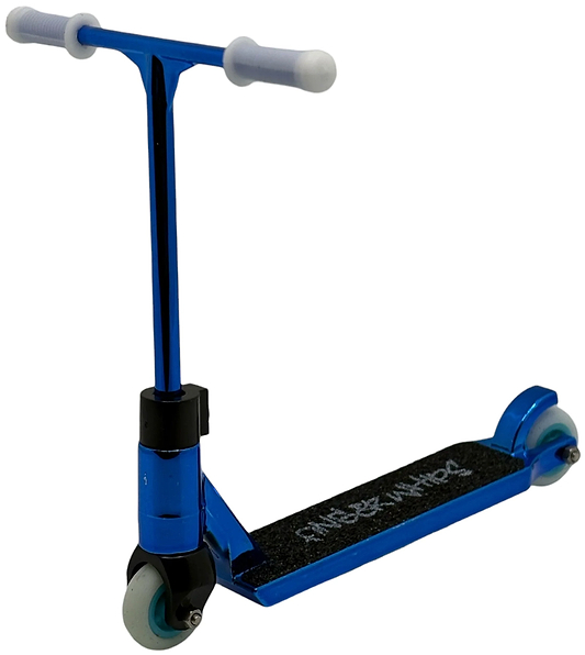 The Finger Whips Finger Toy Scooter - Blue Chrome by Finger Whips features a small, metallic blue design with white handle grips, two wheels, and black grip tape—perfect for performing Finger Whips and stunts.