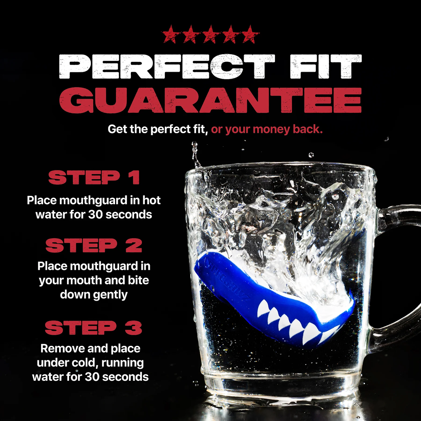 The Safejawz Extro Series Protection Mouthguard - Shark, featuring blue design with white fangs, is shown making a splash in a glass mug. Three fitting steps are listed beside the image. Bold text reads "Perfect Fit Guarantee" and promises hi-impact protection.