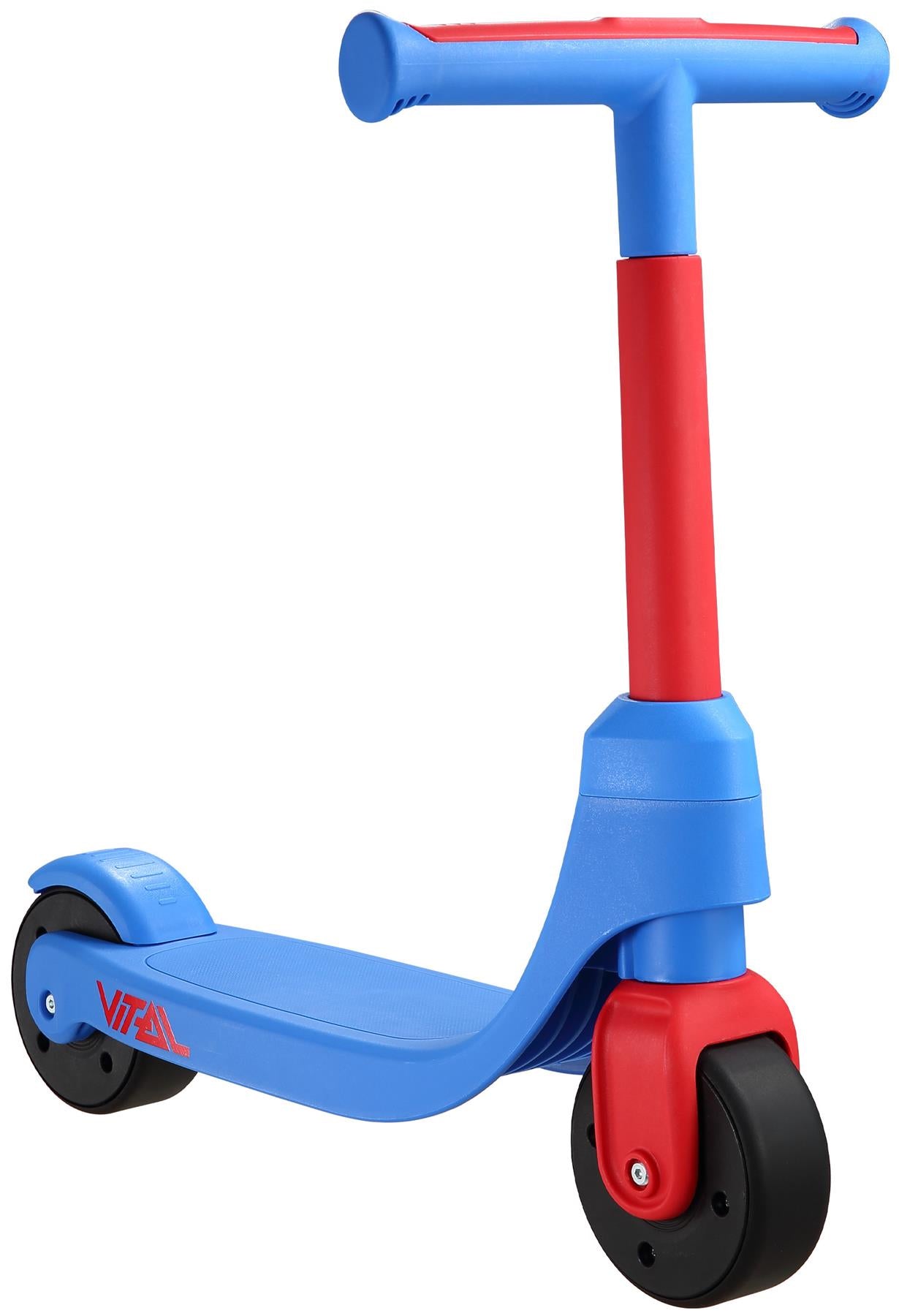 The Vital First Kids Scooter by Vital in red and blue features two front wheels, one rear wheel, a wide deck, and T-shaped handlebars—ideal for toddlers learning to ride.