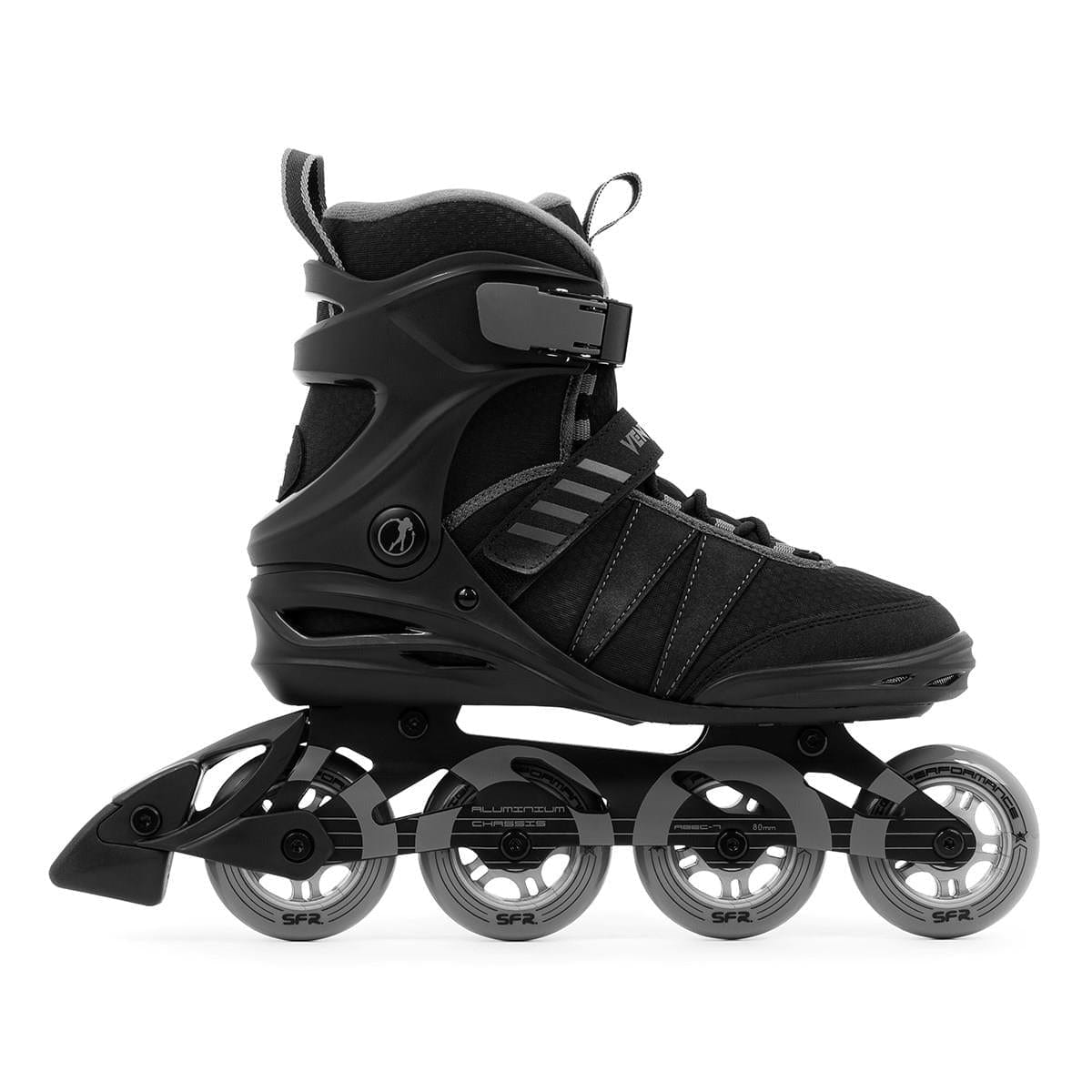 The SFR Venture Pro Inline Skates - Black are sleek black skates with four wheels in a row, offering high ankle support secured by a strap and laces. With protective padding, an aluminum frame, and ABEC-7 bearings, they're ideal for smooth, speedy skating adventures.