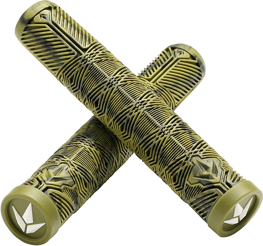 Two Blunt Envy V3 Olive/Black Stunt Scooter Grips (160mm) with textured geometric patterns and black accents are crossed, each featuring a silver end cap with the Blunt Envy arrow logo.