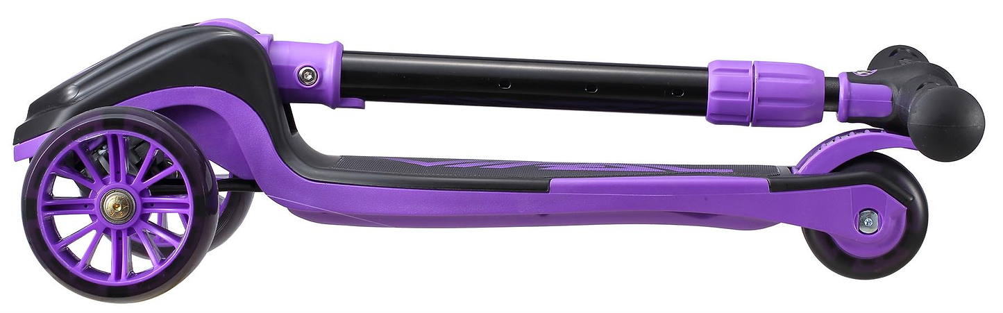 The Vital Tyke 3 Wheel Kids Scooter - Purple by Vital is shown folded on its side, highlighting its three wheels and compact frame—ideal as a portable first scooter for young riders.