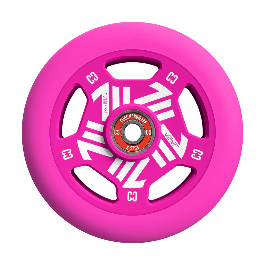 The CORE Vent 110mm Stunt Scooter Wheel in bright pink features white geometric designs, "C3" markings, a visible red core and bearing for a lightweight, stylish ride.