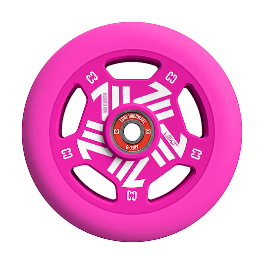 The CORE Vent 110mm Stunt Scooter Wheel in bright pink features white geometric designs, "C3" markings, a visible red core and bearing for a lightweight, stylish ride.