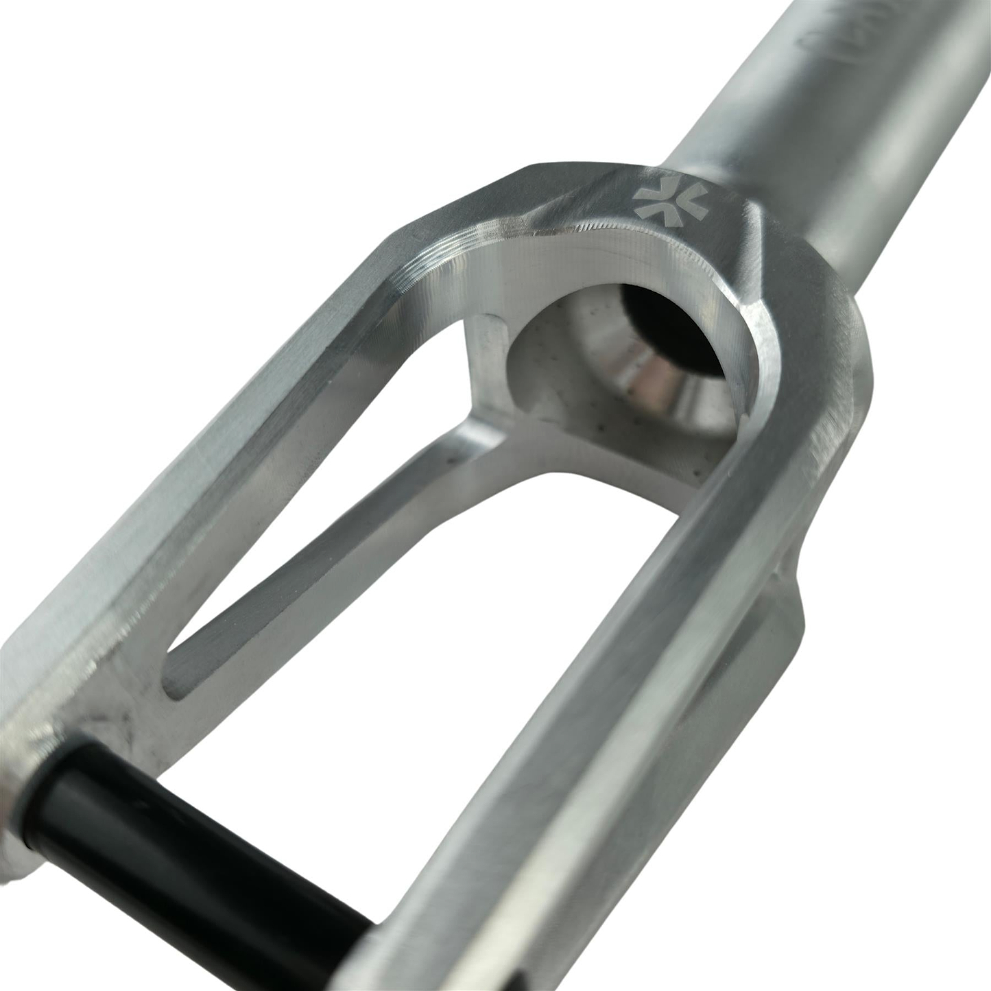 Close-up of the Union Classic Lightweight IHC Stunt Scooter Fork by Union in polished silver, featuring a machined design, circular top hole, precise edges, and matte finish—perfect for riders seeking strength and style.