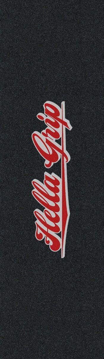 The Hella Grip Classic Signature Stunt Scooter Griptape - Jake Sorensen features bold red and white "Hella Grip" script centered vertically on a black, textured griptape background.