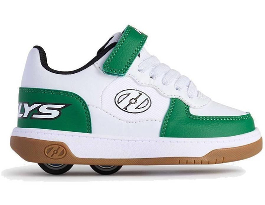 The Heelys Rezerve Low X2 Boys Shoes in white, green, and gum feature two wheels in the heel, a velcro strap across the top, and branded logo details on the side.
