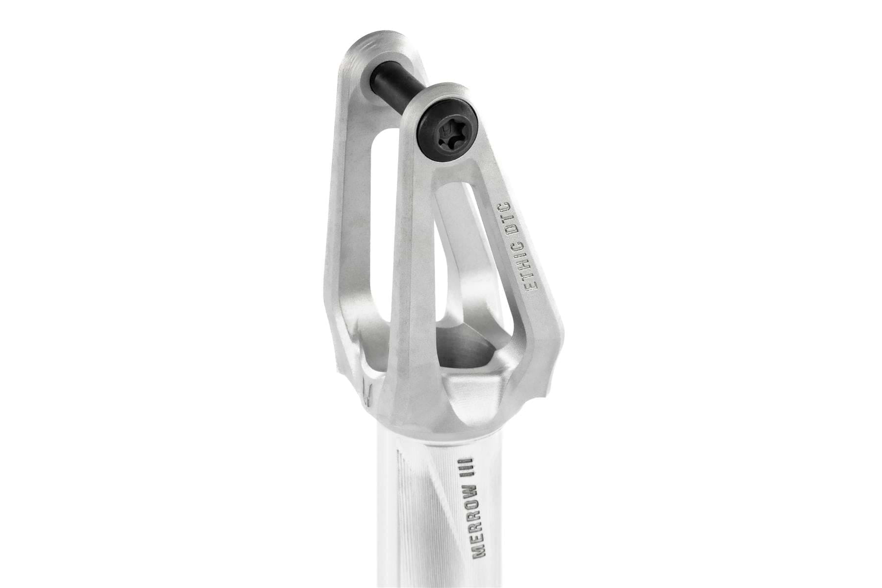 Close-up of the Ethic DTC Merrow V3 IHC Stunt Scooter Fork in raw silver, featuring lightweight 7075 aluminium, a black axle bolt, and engraved "MERROW III" and "ETHIC DTC" text on the side, shown against a white background.