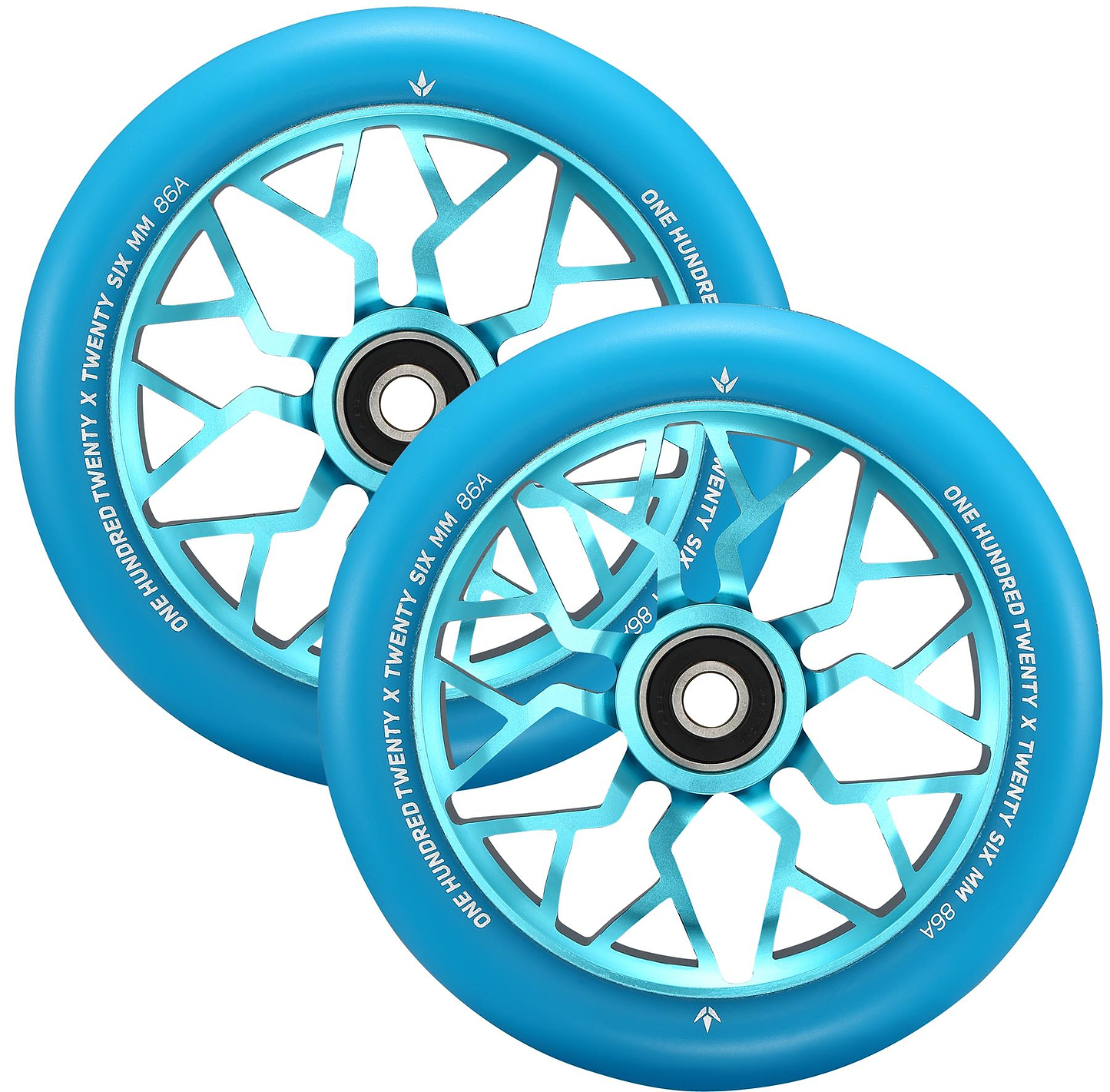 Two teal Blunt Envy Sector 120mm Stunt Scooter Wheels with geometric spokes, white edge text, and black central bearings overlap on a white background.