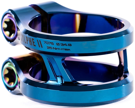 A close-up of the Ethic DTC Sylphe V2 2 Bolt Oversized Stunt Scooter Clamp in chrome blue, featuring “SYLPHE II,” “7075 Ø34.9,” and “25Nm max” engraved, with iridescent bolts. Brand: Ethic.