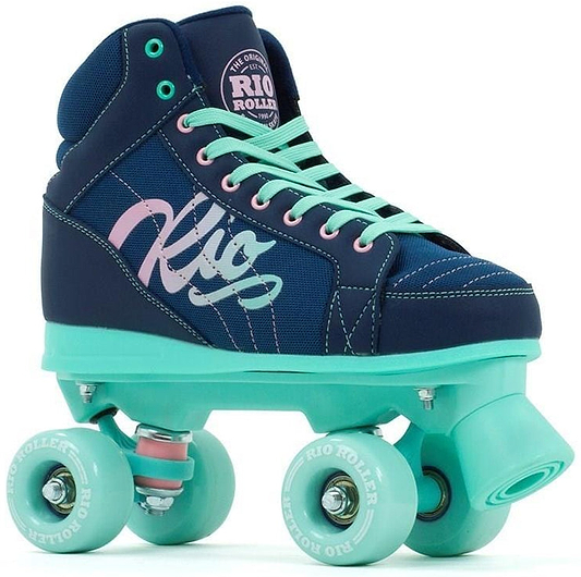 The Rio Roller Lumina Quad Roller Skates - Navy / Green by Rio Roller showcase a modern and vibrant style with a navy blue and turquoise color scheme, pink accents, and "Rio" marked on the side. These skates feature a PVC leather boot, turquoise laces and wheels, along with nylon trucks for an eye-catching look.