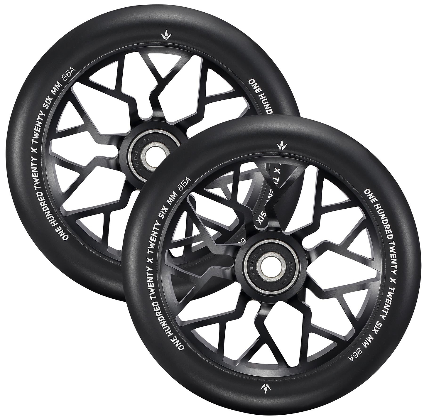 Two Blunt Envy Sector 120mm Stunt Scooter Wheels in black, featuring geometric spoke patterns and white rim text. The wheels are stacked with partial overlap—ideal for the Prodigy X ONE. Brand: Blunt Envy.