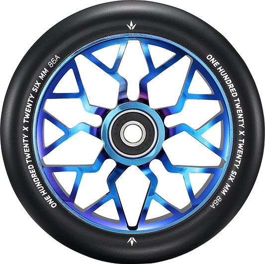 The Blunt Envy Sector 120mm Stunt Scooter Wheel - Burnt Pipe features a blue and black geometric, star-shaped spoke design with a black rim marked “ONE HUNDRED TWENTY X TWENTY SIX MM 86A.” Perfect for Prodigy X ONE scooters.