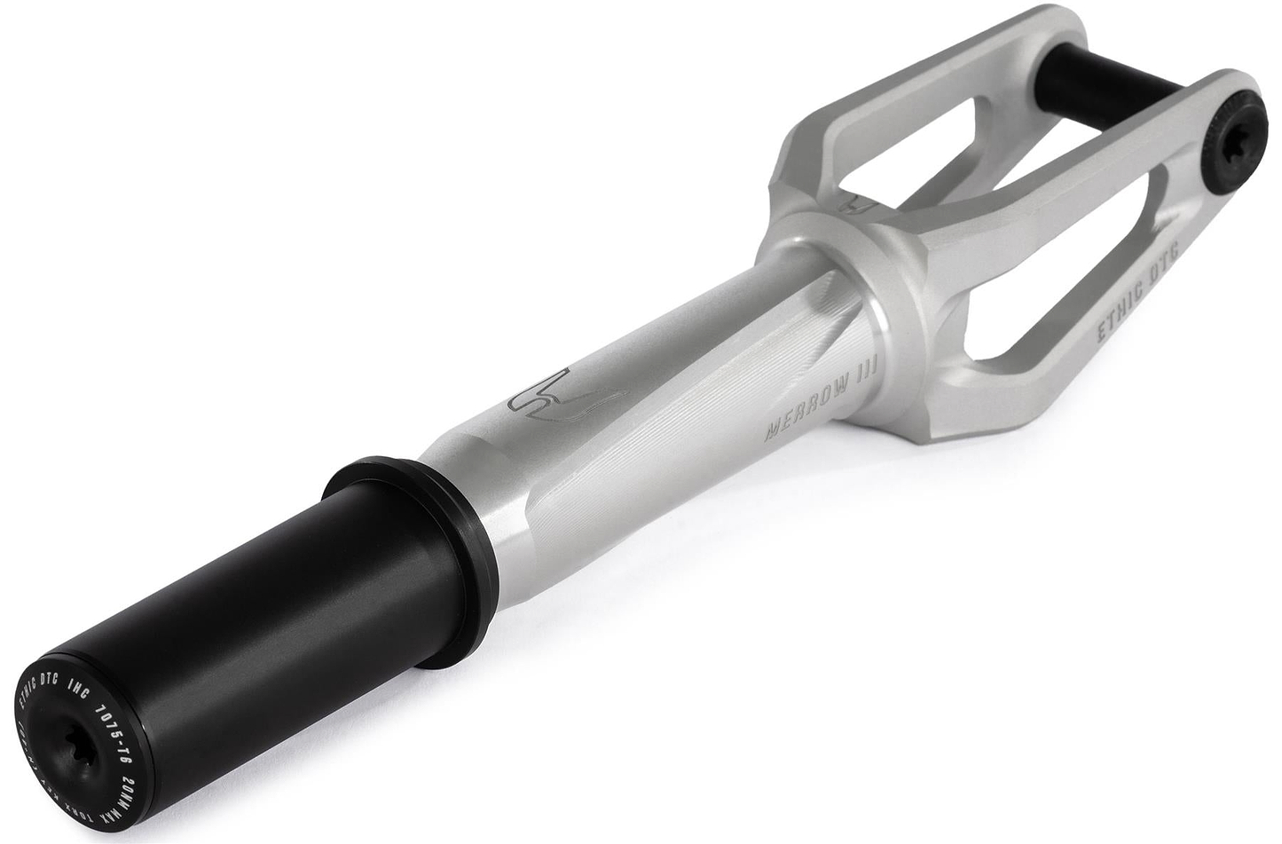 The Ethic DTC Merrow V3 8/12STD IHC Stunt Scooter Forks in Raw by Ethic feature a modern, sleek design with cut-out sections and engraved branding, shown here photographed on a white background.