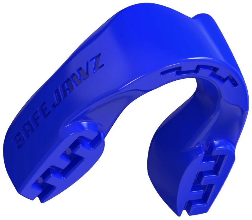 The Safejawz Intro Series Protection Mouthguard in blue features grooved edges and a curved, protective design for enhanced jaw stability and comfort, with the Safejawz brand name embossed on the side.