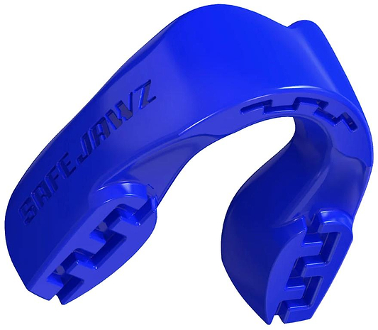 The Safejawz Intro Series Protection Mouthguard in blue features grooved edges and a curved, protective design for enhanced jaw stability and comfort, with the Safejawz brand name embossed on the side.