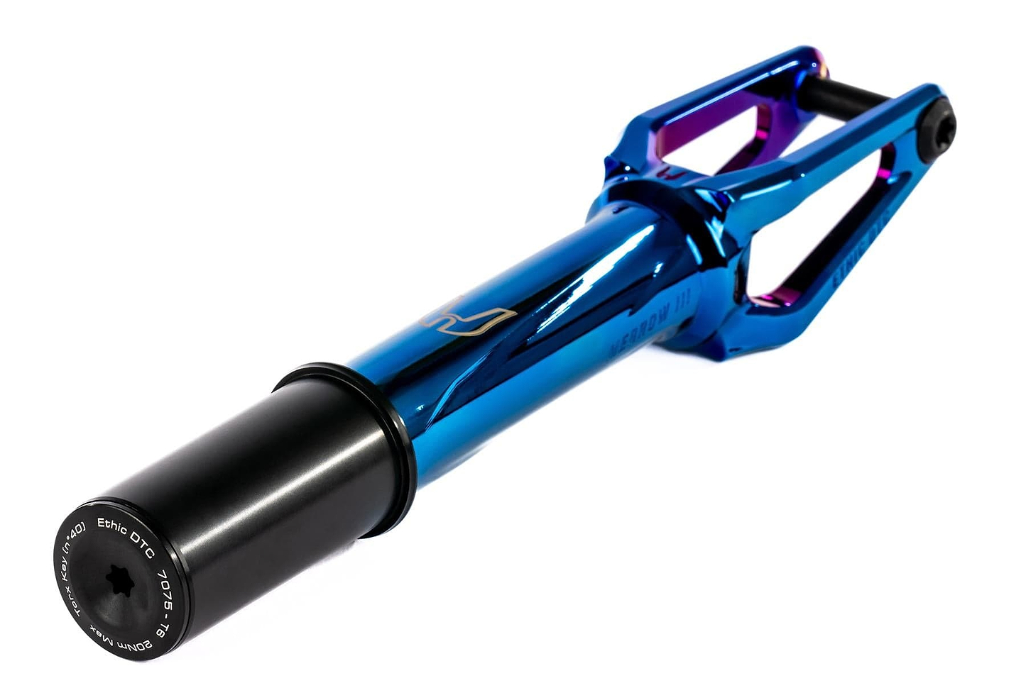 A chrome blue Ethic DTC Merrow V3 HIC stunt scooter fork by Ethic, featuring an iridescent finish and photographed on a white background.