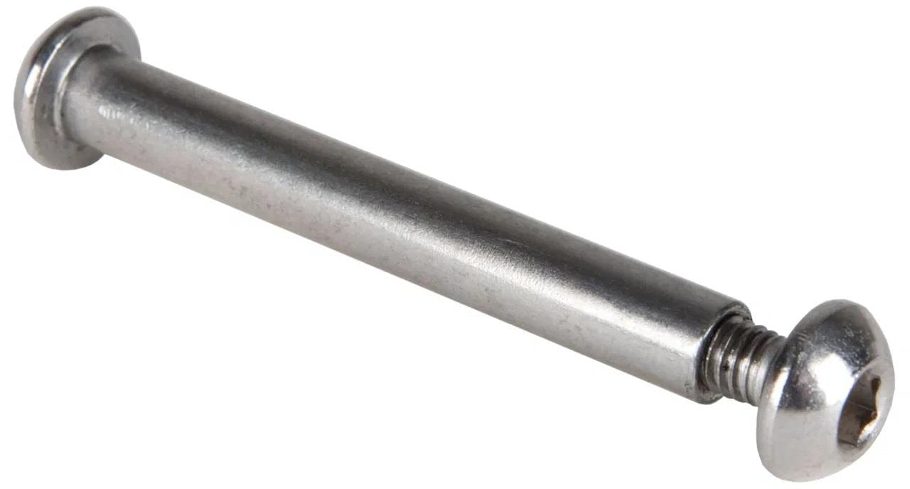 A close-up of the JD Bug Original Rear Axle Bolt by JD Bug, a metal barrel nut and bolt with a cylindrical shaft and flat, round-headed ends, commonly used in furniture assembly or as a replacement part.