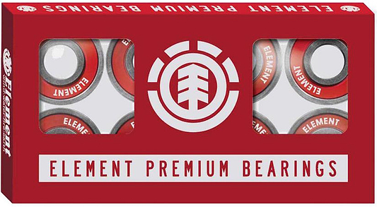 The Element Premium ABEC 7 Skateboard Bearings - 8 Pack features a red box with Element branding and two circular windows showing the red and silver bearings inside.