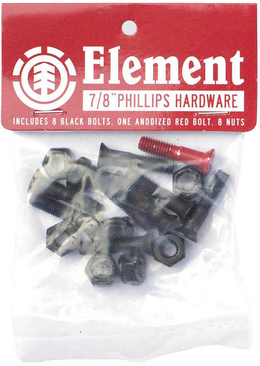 A clear plastic bag labeled "Element Phillips Skateboard Bolts - Black 7/8"" by Element holds eight black bolts, one red anodized bolt, and eight nuts, with the 7/8" hardware visible through the packaging.