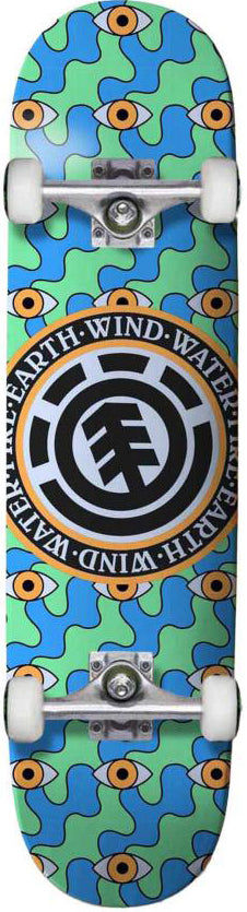 The Element Seal Sight Complete Skateboard, 7.75" x 31", features a maple deck with a vibrant abstract graphic and bold "WATER," "EARTH," "WIND," "FIRE" logo at the center. Includes ABEC 5 bearings for smooth riding.